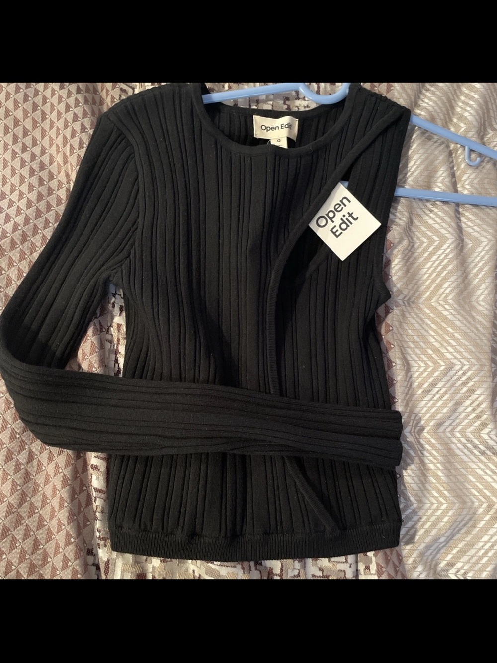 Open Edit Black Ribbed Long-Sleeve Sweater